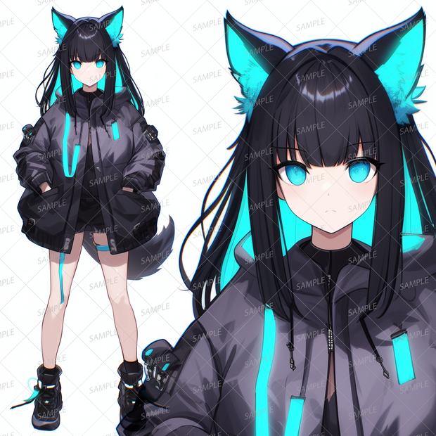 【獣人】サイバーな黒髪ケモ耳少女_立ち絵
