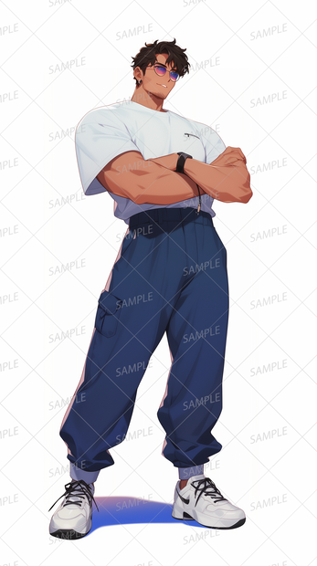 【私服】サングラスをかけたハンサムな筋肉質の男性_立ち絵