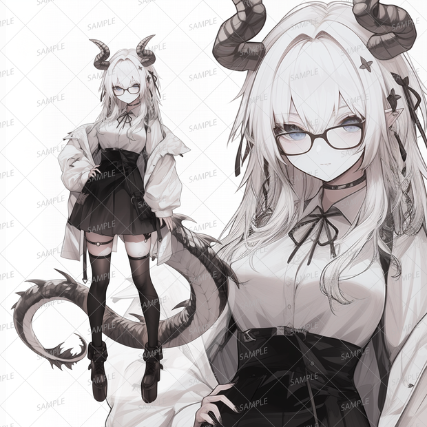 【獣人】眼鏡をかけた竜の白髪の少女_立ち絵