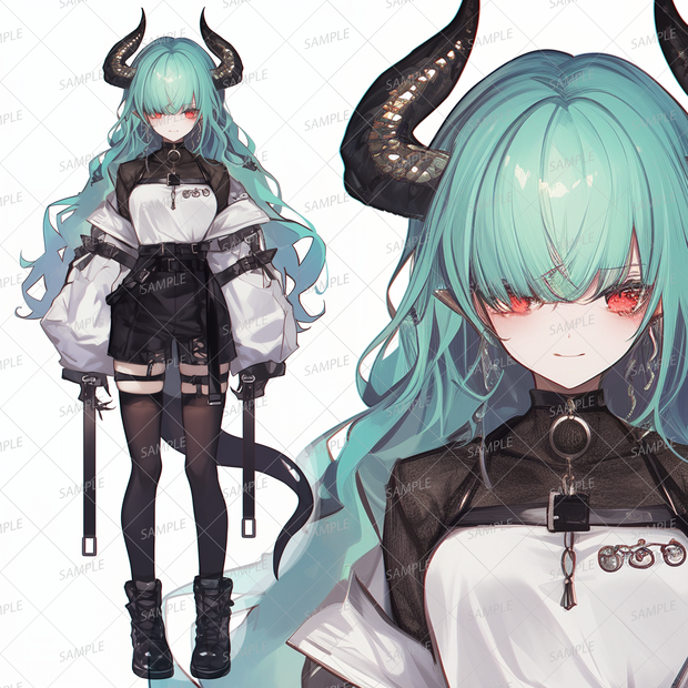 【獣人】綺麗なアクアブルーの髪色の悪魔の目隠れ少女_立ち絵
