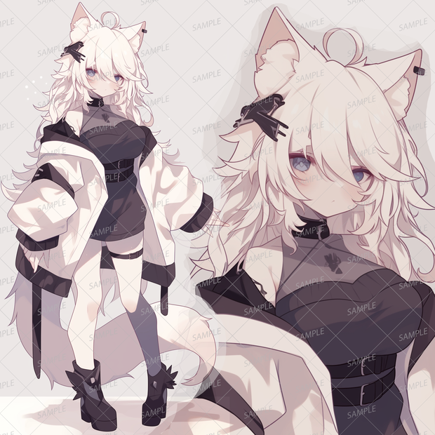 【獣人】白黒の服の白髪のケモ耳少女