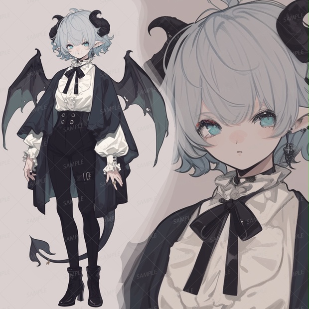 ファンタジー風アニメキャラクターイラスト 立ち絵素材6人セット】ツノや羽が生えている魔族男女キャラクター