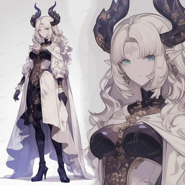 【獣人】白黒の装いの角のあるエルフ女性_立ち絵