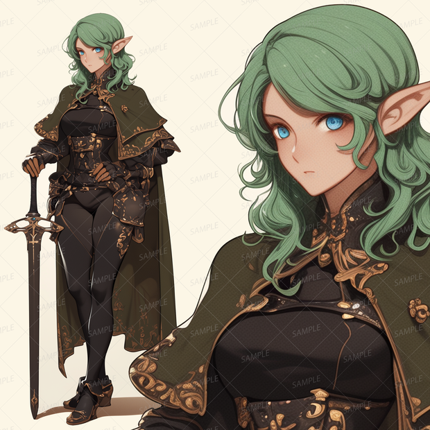 【ファンタジー】黒いマントの緑髪エルフの女性騎士_立ち絵