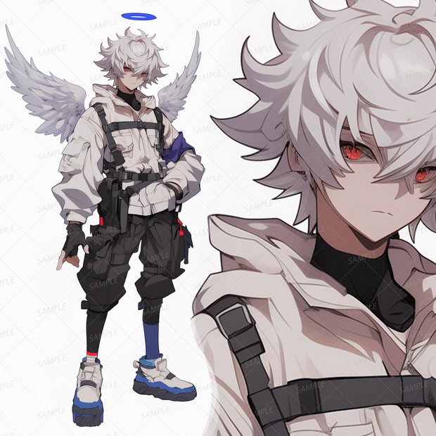 【ファンタジー】青い光輪と白い翼の白髪少年_立ち絵