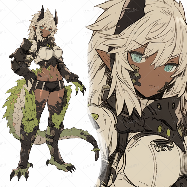 【獣人】爬虫類のような獣脚の褐色の肌な白髪女性_立ち絵
