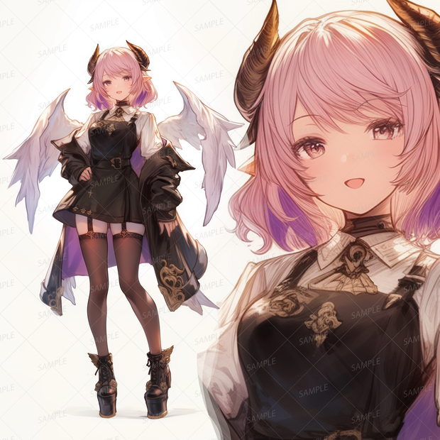 【ファンタジー】黒い角と白い翼を持つ少女_立ち絵