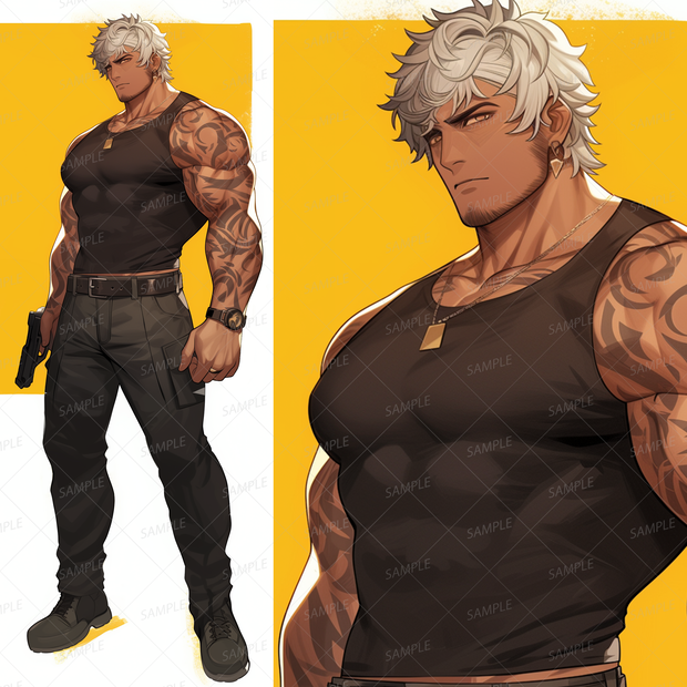 【仕事】銃を手にタンクトップ姿で構える男性_立ち絵