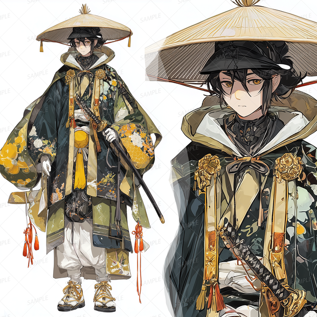 【和風】菅笠をかぶった緑金の羽織の侍_立ち絵