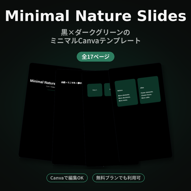 Minimal Nature Slides｜黒×白×深緑のミニマルCanvaテンプレート（17ページ）