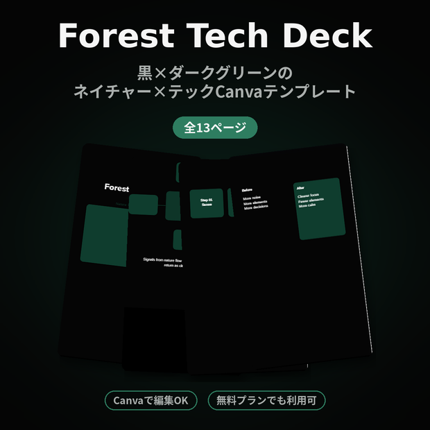 Forest Tech Deck｜黒×ダークグリーンのネイチャー×テックCanvaテンプレート(13ページ)