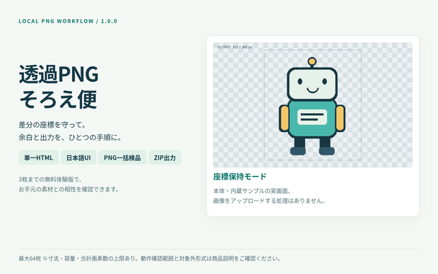 透過PNGそろえ便｜透明余白・出力サイズ統一【製品版・最大64枚】