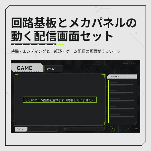 回路基板とメカパネルのかっこいい動く配信画面セット【待機画面・エンディング・雑談・ゲーム配信／パーツ・チャットCSS付き／Vtuber素材】