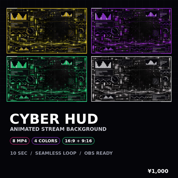 CYBER HUD｜動くサイバーパンク配信背景 横・縦・4色セット