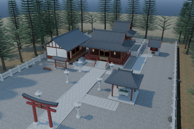 山上神社・境内セット｜木と石の五棟・昼と夕景【Blender / Unity Built-in / FBX / GLB】
