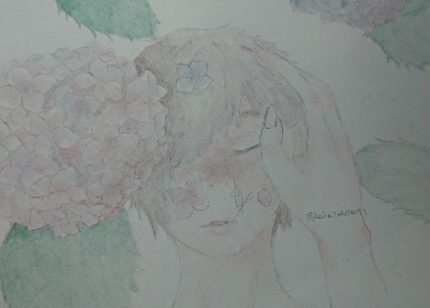 水彩画 紫陽花に囲まれた青年 Kakatonosuisai Booth