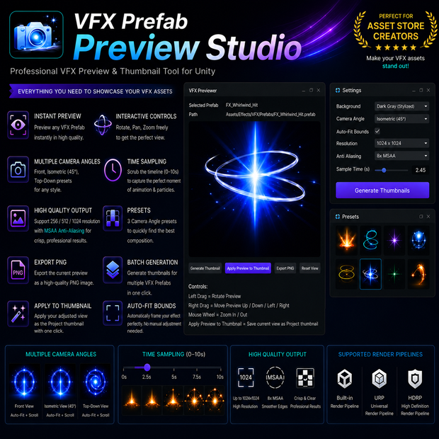 Unity VFX Prefab Preview Studio (Instant preview, Custom thumbnails, Export PNG)