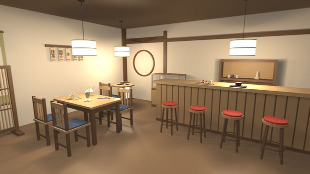 和カフェ・甘味処セット 50点｜¥500｜VRChat向け和風ローポリ あんみつ・団子・かき氷・抹茶パフェ・暖簾・カウンター（テクスチャ不要）