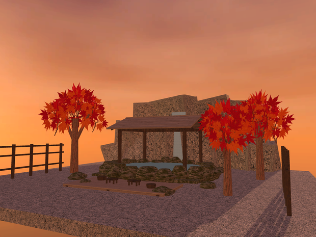 【VRChat想定】渓谷の露天風呂セット｜岩風呂・滝・紅葉・湯屋【unitypackage同梱 / FBX・OBJ】