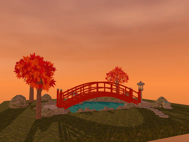 【VRChat想定】和風庭園 池と太鼓橋セット｜朱の反り橋・紅葉・石灯籠・飛石【17千ポリゴン / unitypackage同梱】