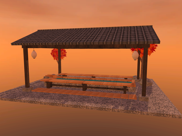 【VRChat想定】屋根付き足湯セット｜長椅子・湯口・提灯・紅葉【unitypackage / FBX・OBJ】