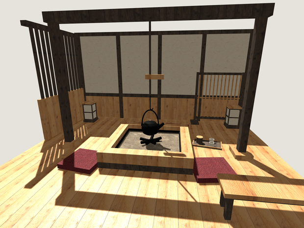 【VRChat想定】囲炉裏の休憩所セット｜鉄瓶・自在鉤・座布団【unitypackage / FBX・OBJ】