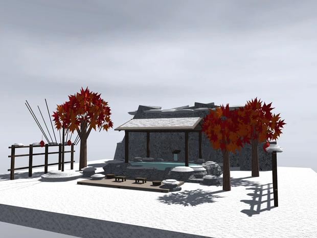 【VRChat想定】雪見の露天風呂セット｜雪の岩風呂・雪吊り・紅葉・提灯【16千ポリゴン / unitypackage同梱】