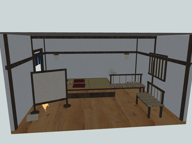 【VRChat想定】旅館の湯上がり処セット｜小上がり・籐の長椅子・扇風機・瓶のケース【unitypackage / FBX・OBJ】