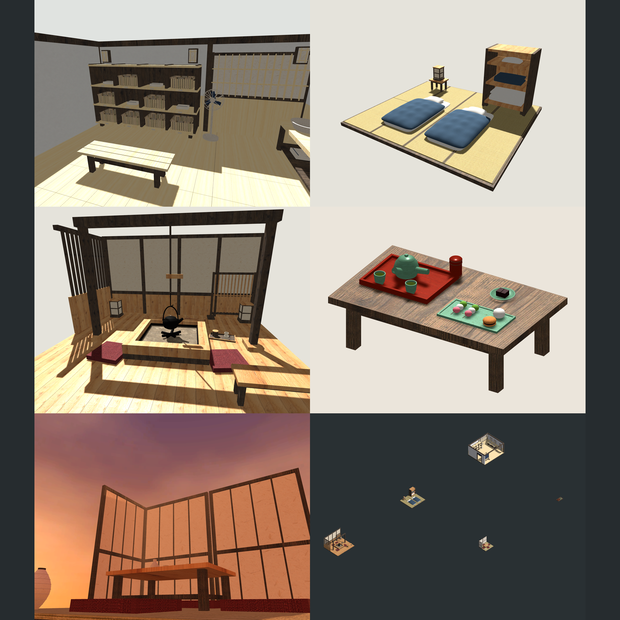 【発売記念セール 9/25まで75%OFF】【VRChat想定】旅館の部屋 5商品セット｜脱衣所・寝具・囲炉裏・和菓子・座卓【unitypackage同梱】