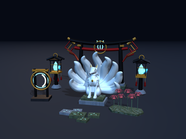 【VRChat想定】異界神域・狐火結界セット｜結界門・九尾像・神鏡・狐火5色【unitypackage同梱 / FBX・OBJ】