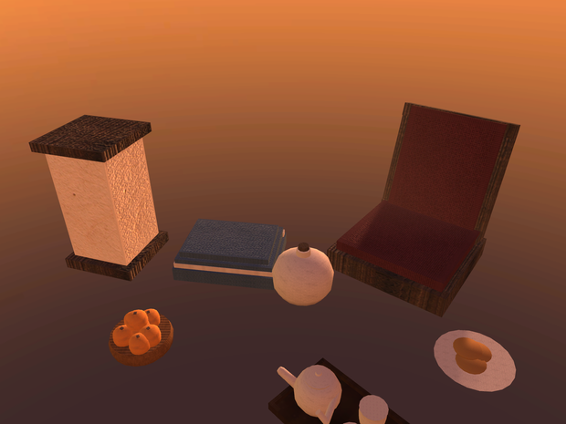 【無料】【VRChat想定】こたつの上のもの一式｜みかん盛り・急須と湯呑・湯たんぽ・座椅子・行灯【unitypackage / FBX・OBJ】