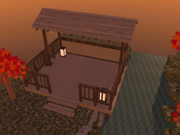 【VRChat想定】紅葉渓谷の屋根付き展望デッキセット｜切妻屋根・欄干・渓流・紅葉【unitypackage同梱 / FBX・OBJ】