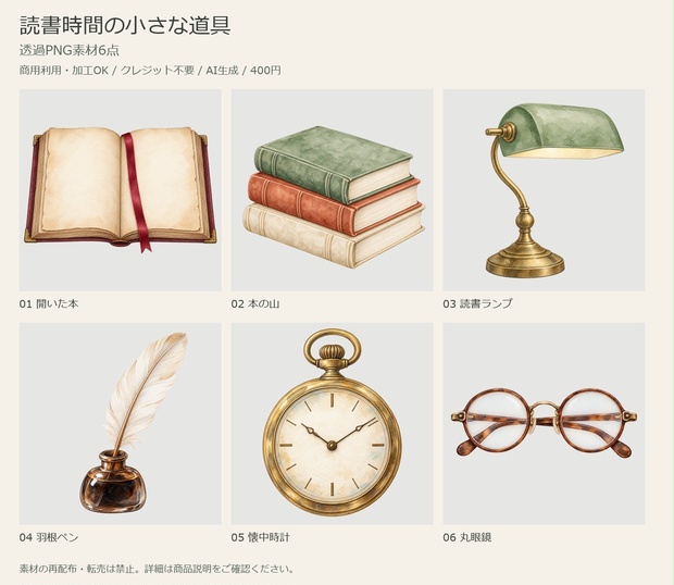 読書時間の小さな道具｜透過PNG素材6点【商用利用可・AI生成】