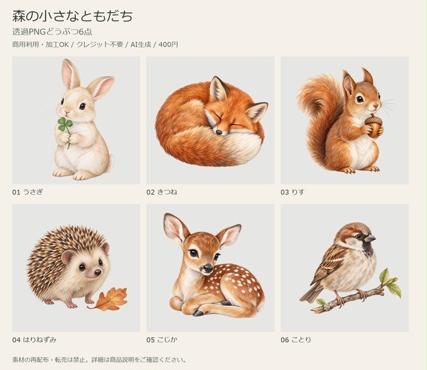 森の小さなともだち｜透過PNGどうぶつ6点【商用利用可・AI生成】