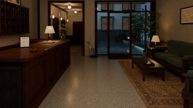 【Blender】雨の夕暮れのホテルロビーセット｜フロント・客室廊下・中庭