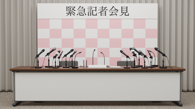 【配信背景・3D】緊急記者会見セット｜音付きフラッシュ・PNG／1人・2人／4配色