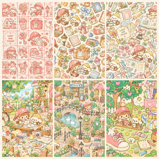 忘れもの回収隊｜レトロ絵本デジタルペーパー 6枚セット