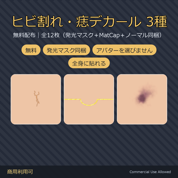 【無料・発光マスク同梱】ヒビ割れ・痣デカール3種｜罅の内側だけが光る／MatCapマスク・ノーマルマップも同梱 全12枚／VRChat・全身に貼れる