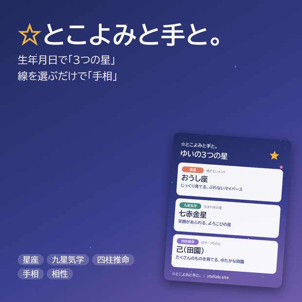 占いスマホアプリ「☆とこよみと手と。」｜生年月日で星座・九星気学・四柱推命、線を選ぶだけの手相と相性（アプリストア不要）