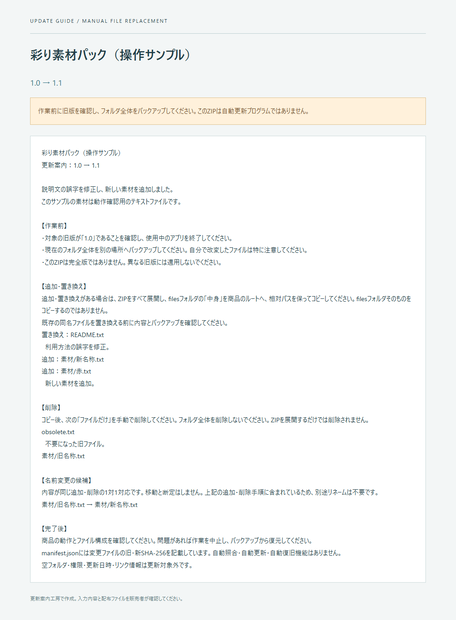 更新案内工房｜素材フォルダの差分比較・更新手順書・変更ファイルZIP作成【買い切り／オフライン】