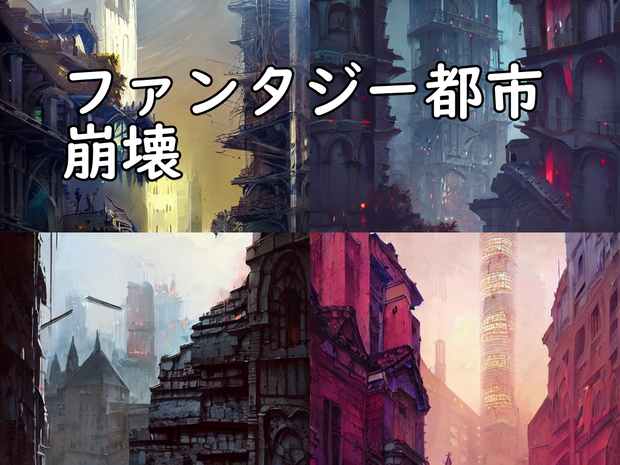 イラスト素材／背景素材　ファンタジー都市崩壊