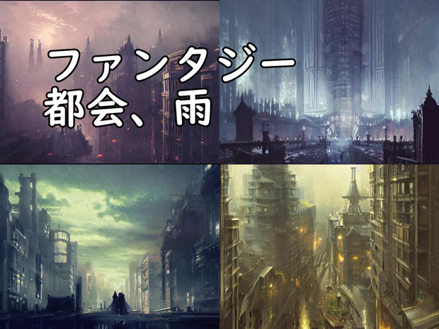 イラスト素材／背景素材　ファンタジー都会、雨