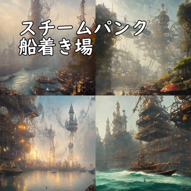 イラスト素材／背景素材　スチームパンク船着き場