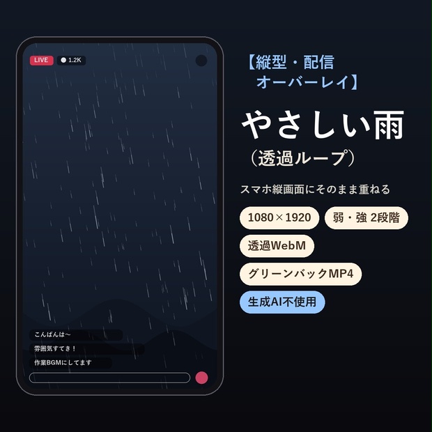 【縦型・配信オーバーレイ】やさしい雨（透過ループ）｜生成AI不使用