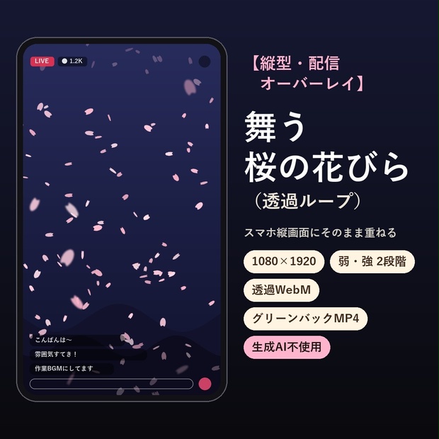 【縦型・配信オーバーレイ】舞う桜の花びら（透過ループ）｜生成AI不使用