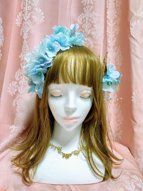 淡い水色の紫陽花姫ヘッドドレス&妖精の髪飾りの2点セット - .｡:*+