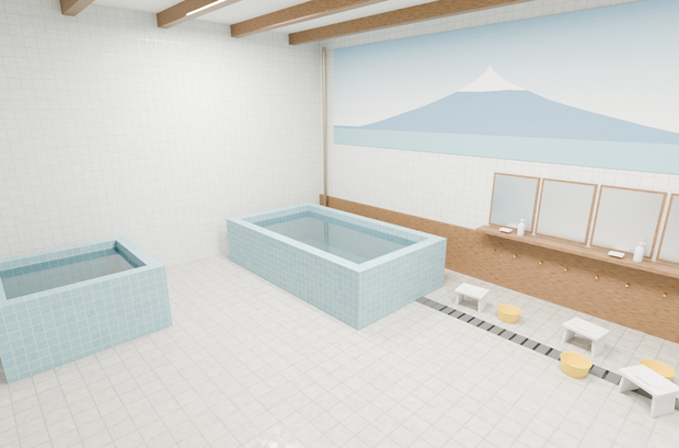 銭湯 洗い場 3Dシーン｜タイル・湯船・カラン・富士山（Blender / FBX / glTF）