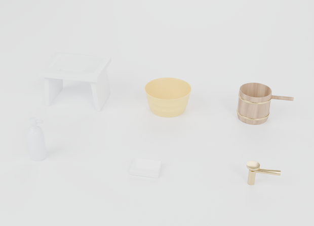 銭湯の小物 3Dモデル6点セット｜湯桶・風呂椅子・手桶・カラン（Blender / FBX / glTF）