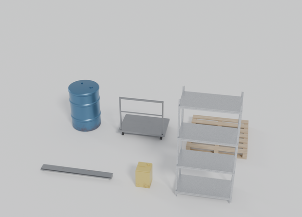 工場・倉庫の什器 3Dモデル6点セット｜ドラム缶・パレット・スチールラック・台車（Blender / FBX / glTF）