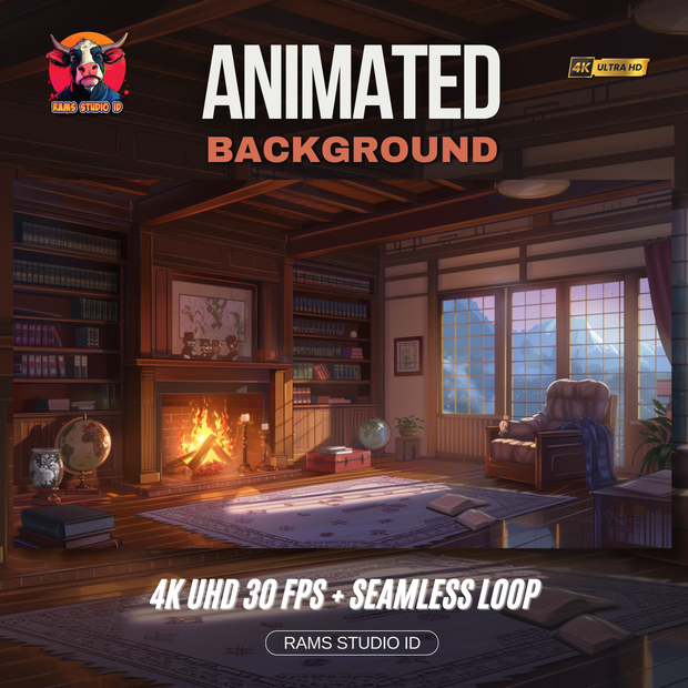 アニメーション背景｜暖炉のある居心地の良い書斎｜VTuber・配信者向けシームレス背景 | Animated Background | Cozy Study Room with a Fireplace | Seamless Streaming Scene